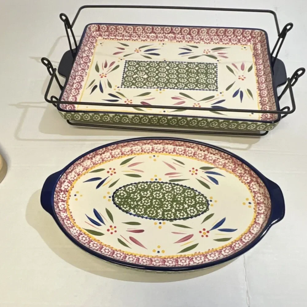 Temptations Old World Hand Painted Ceramic Platters Ovenwear Set w/ Metal Racks